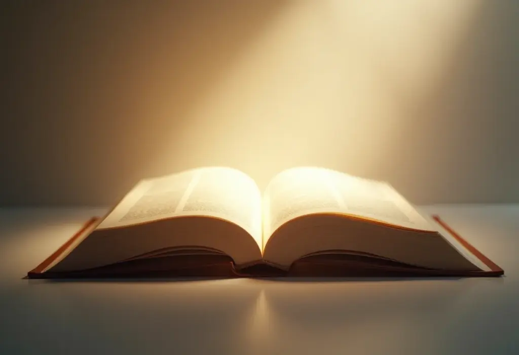 Livro aberto com luz saindo das páginas, simbolizando conhecimento e inspiração.