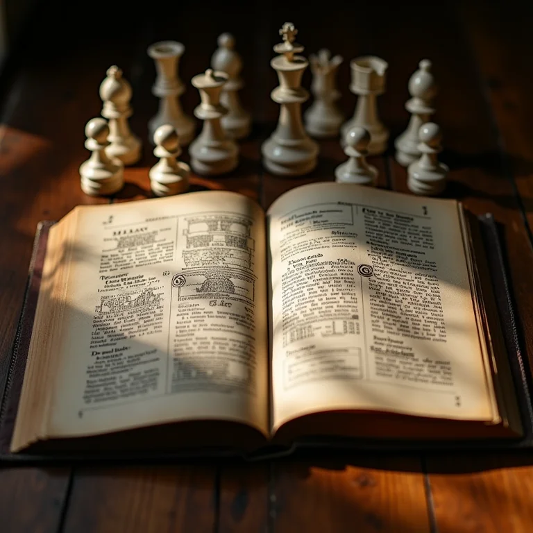Livro vintage aberto com regras e diagramas de xadrez antigos.