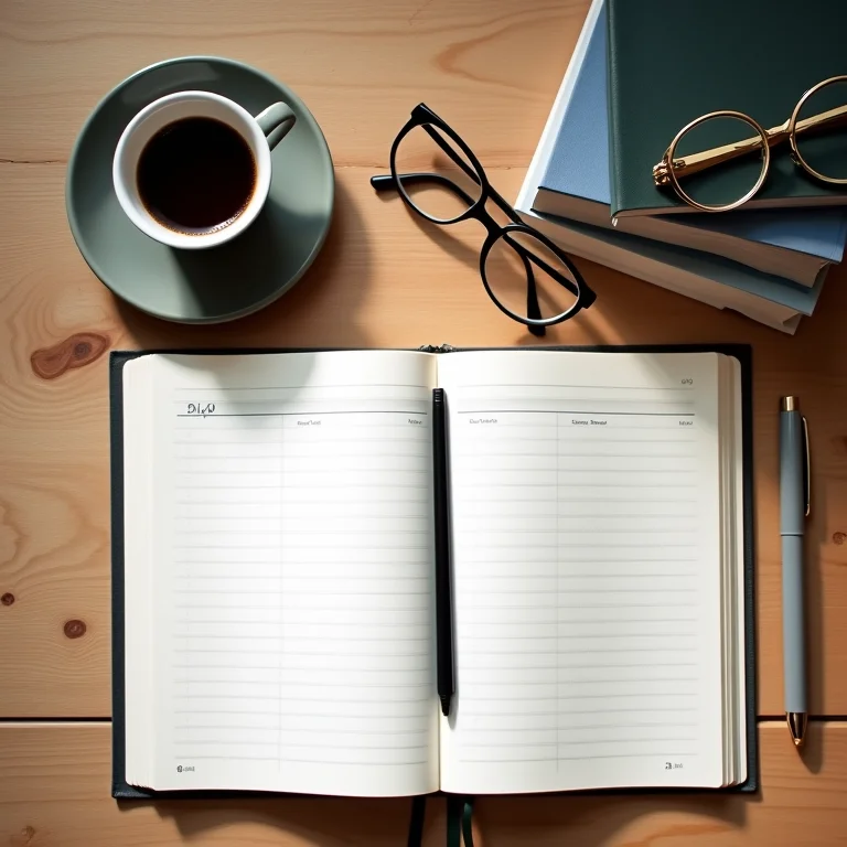 Livros, caderno, café e óculos organizados em mesa de estudo