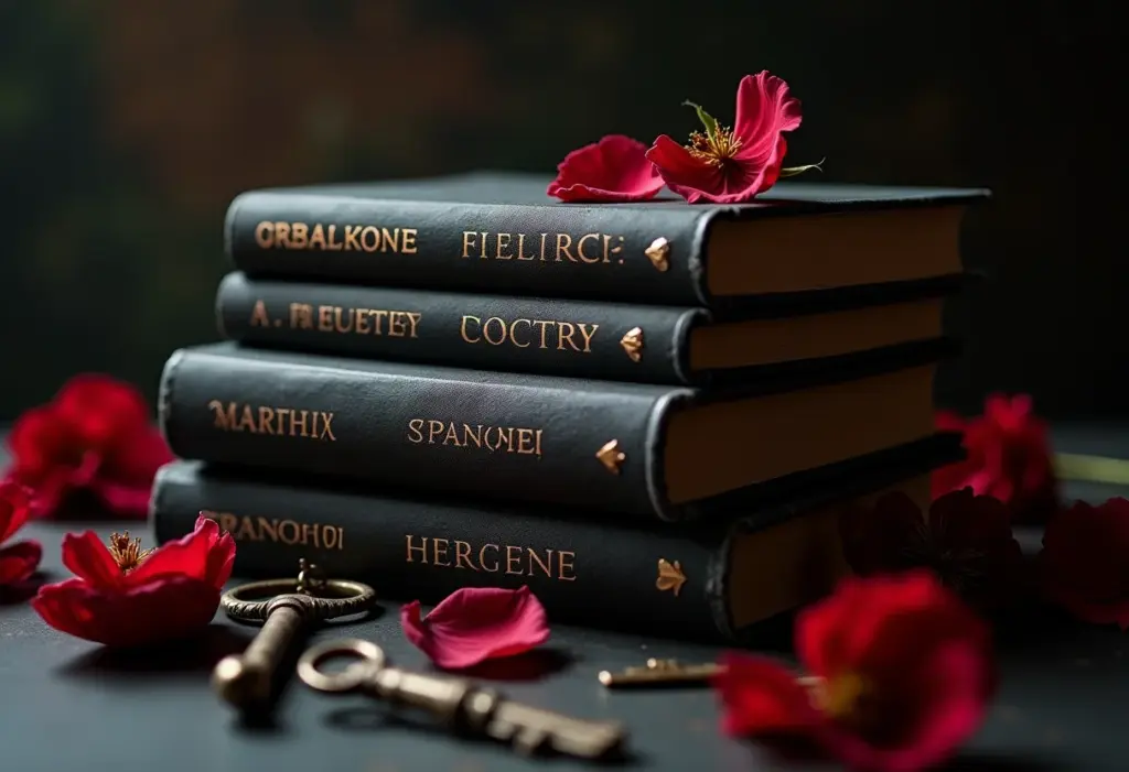 Livros de romance sobrenatural com rosas secas e chaves antigas