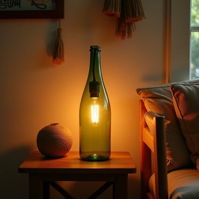 Luminária aconchegante feita com garrafa de vidro iluminando sala de estar