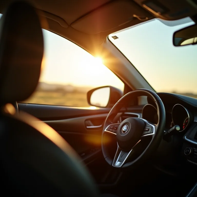 Luz solar entrando pela janela de um carro, realçando o interior limpo.