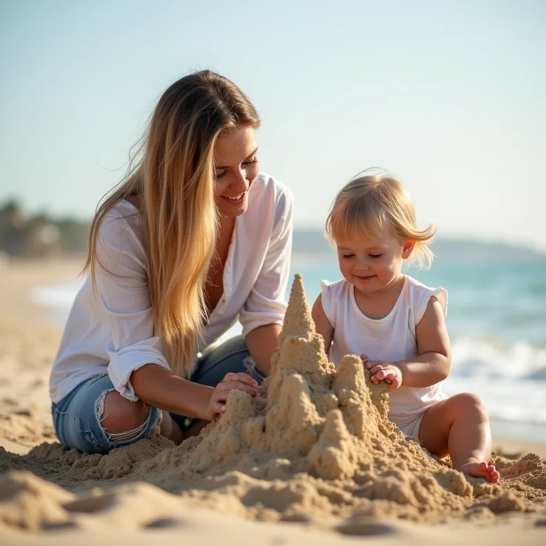 Mãe e filho construindo castelo de areia em Camburizinho
