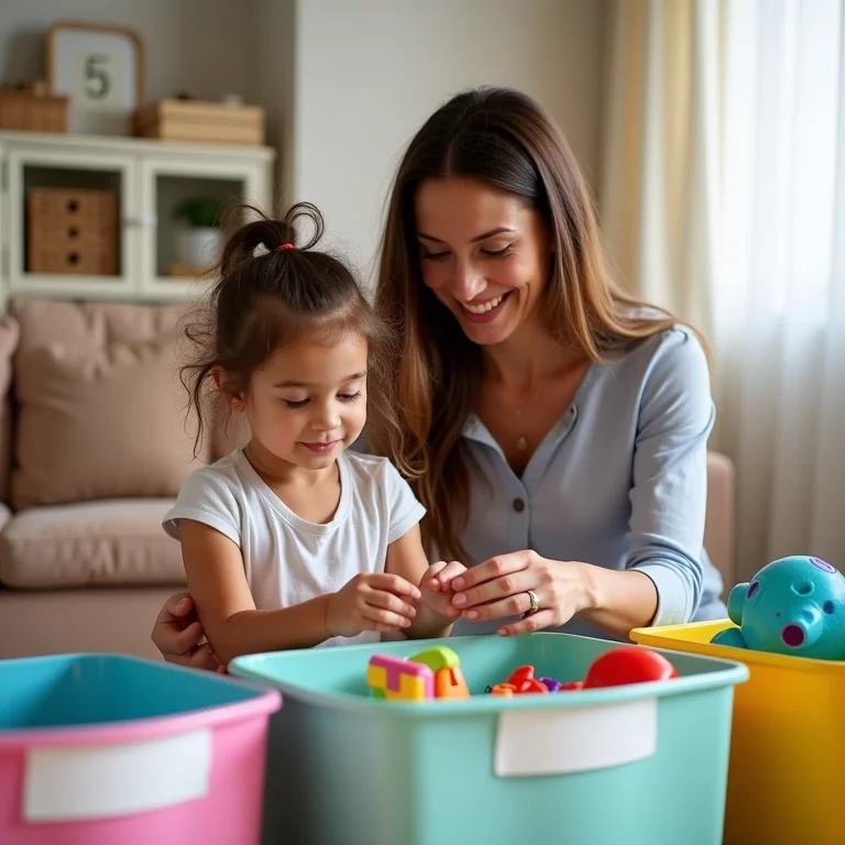 Mãe e filho organizando brinquedos juntos, colocando-os em caixas etiquetadas, enfatizando o envolvimento das crianças no processo.