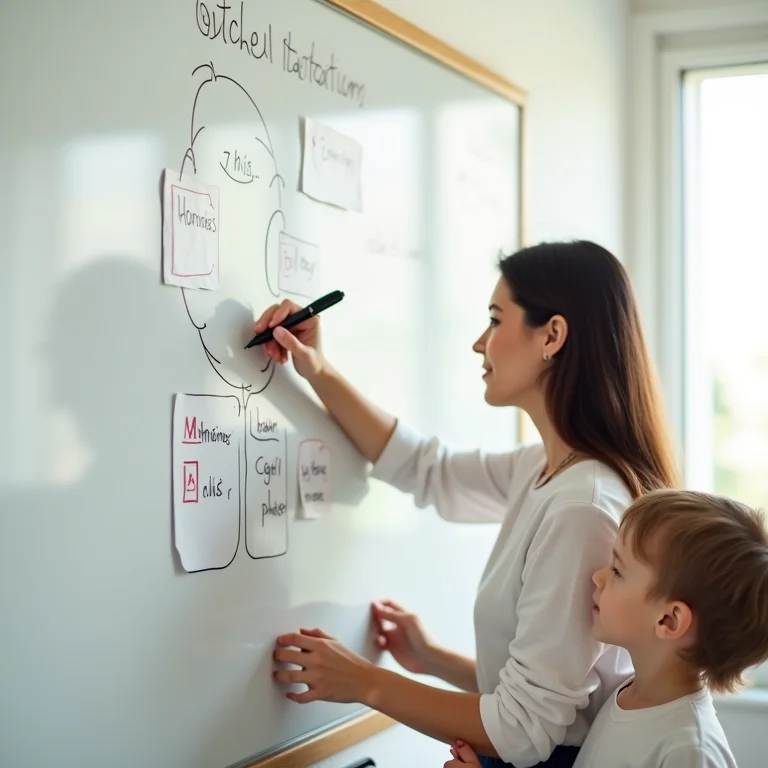 Mãe e filho planejando atividades juntos em um quadro branco.