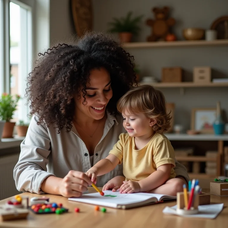 Mãe sorrindo ao ver seu filho brincando em um ambiente organizado, destacando os benefícios da organização para os pais.