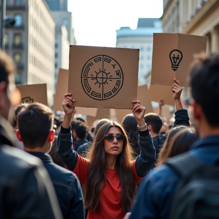 Manifestantes diversos segurando cartazes com símbolos tecnológicos.