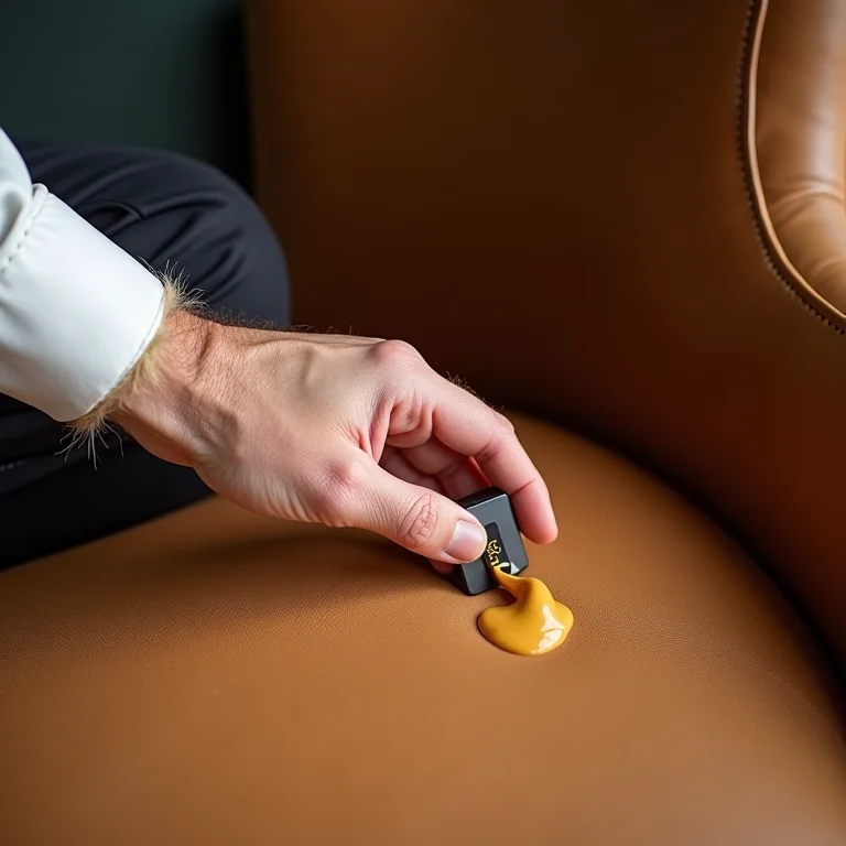 Mão aplicando produto de limpeza em poltrona de couro nobuck.