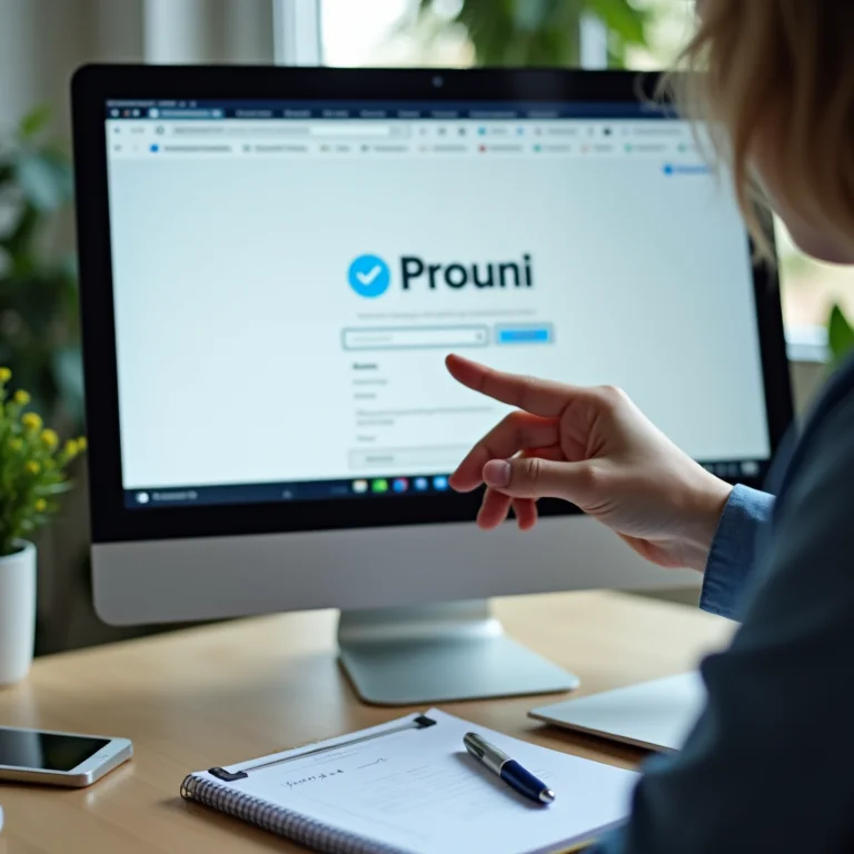 Mão apontando para tela de computador com página de inscrição do Prouni