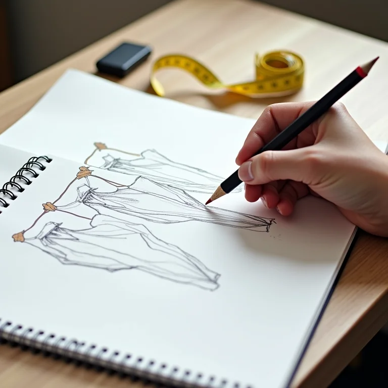 Mão desenhando o projeto de uma arara de roupas em um caderno