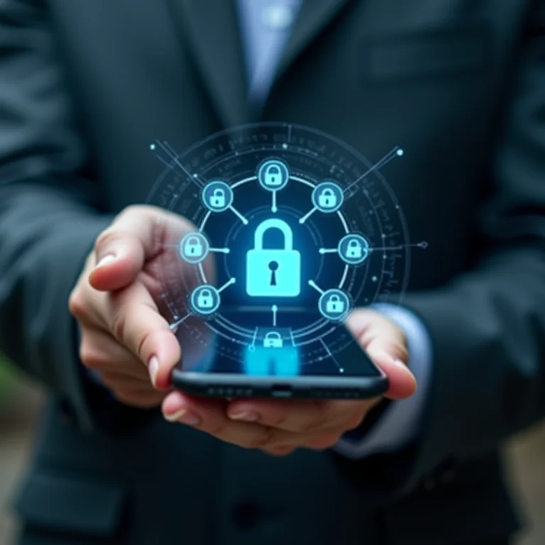 Mão protegendo um smartphone com dados pessoais e cadeados digitais.