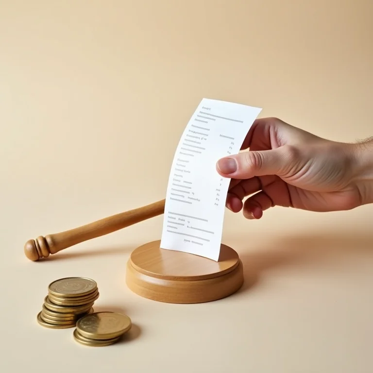 Mão segurando recibo e moedas perto de um martelo, representando taxas e custos.