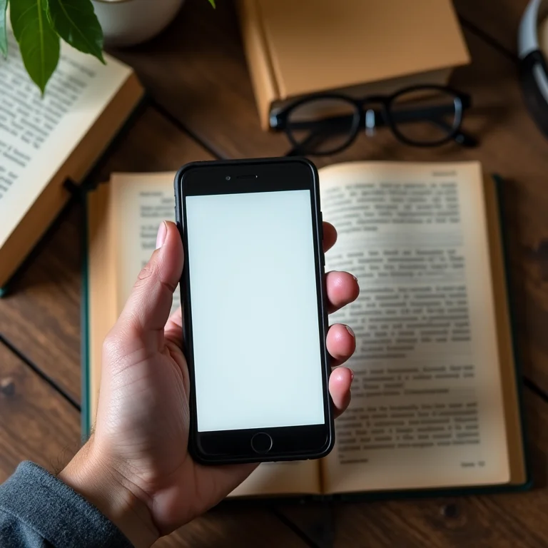 Mão segurando um smartphone com resenhas de livros