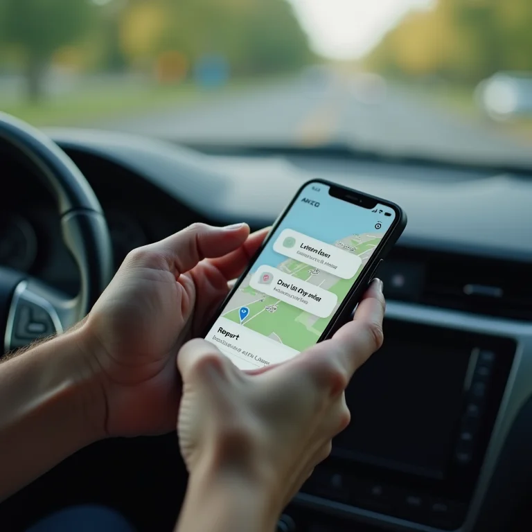 Mão usando o aplicativo Waze em um smartphone para abrir o menu de reporte.