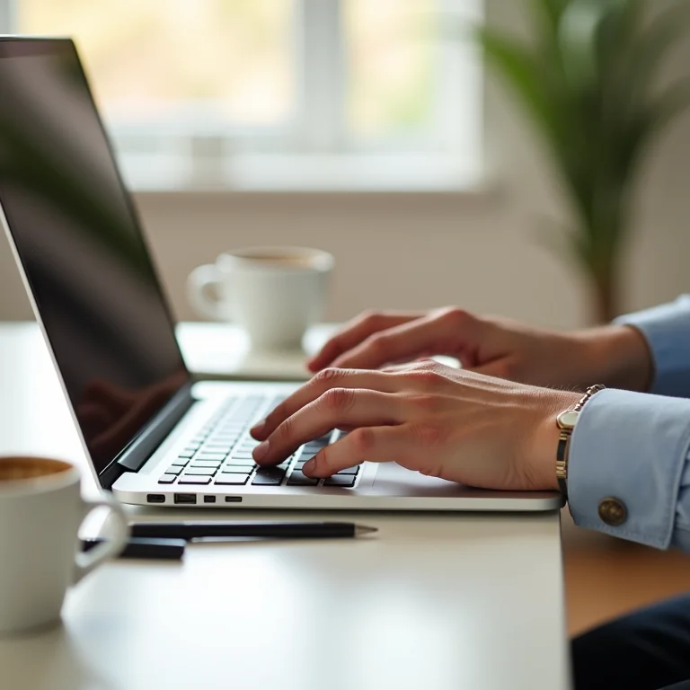 Mãos digitando em um laptop, representando a prática da redação em português.