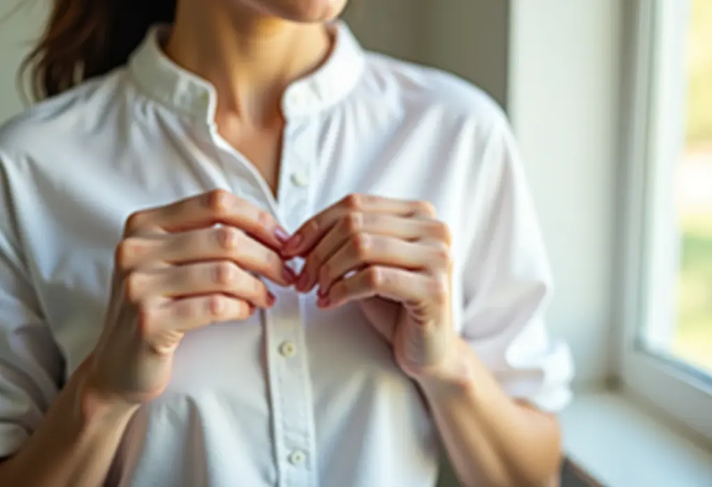 Mãos femininas costurando botão em camisa branca