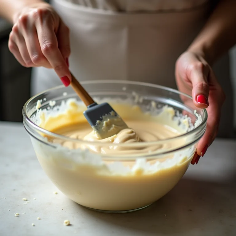 Mãos misturando delicadamente a massa do bolo