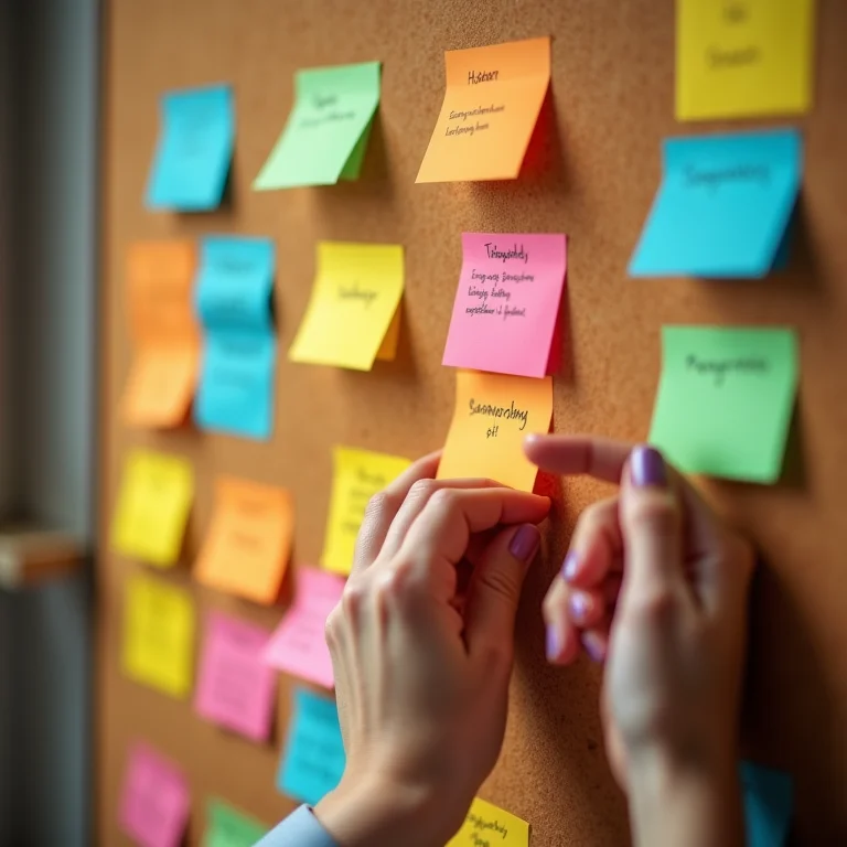 Mãos organizando notas adesivas coloridas representando tarefas simplificadas do eSocial em um quadro de cortiça.