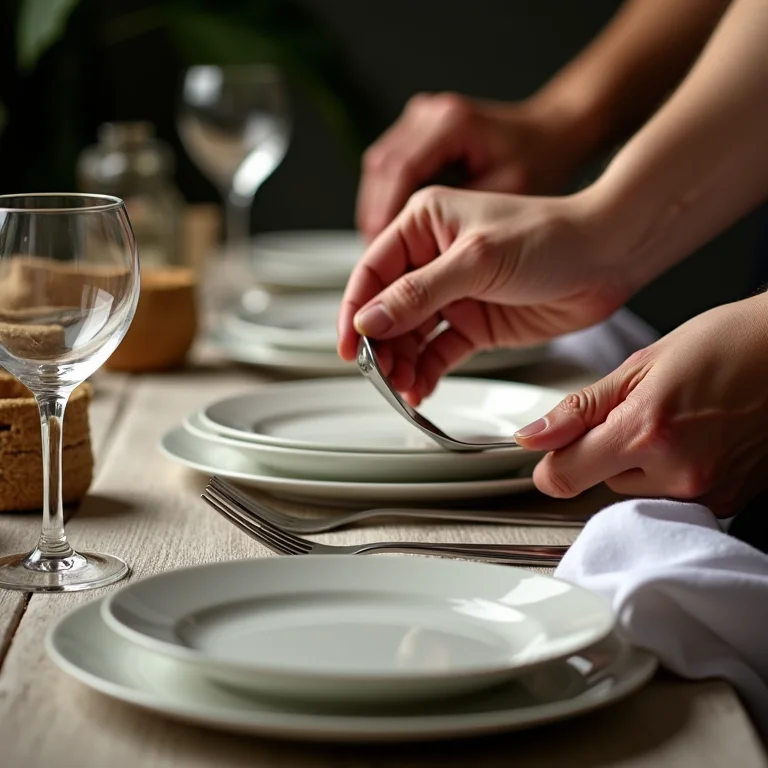 Mãos organizando uma mesa de jantar passo a passo.