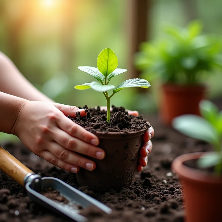 Mãos pequenas plantando mudas em um vaso.