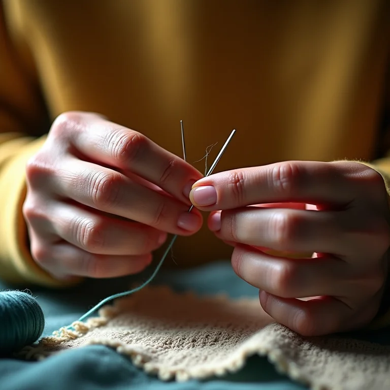 Mãos preparando agulha e linha para costura