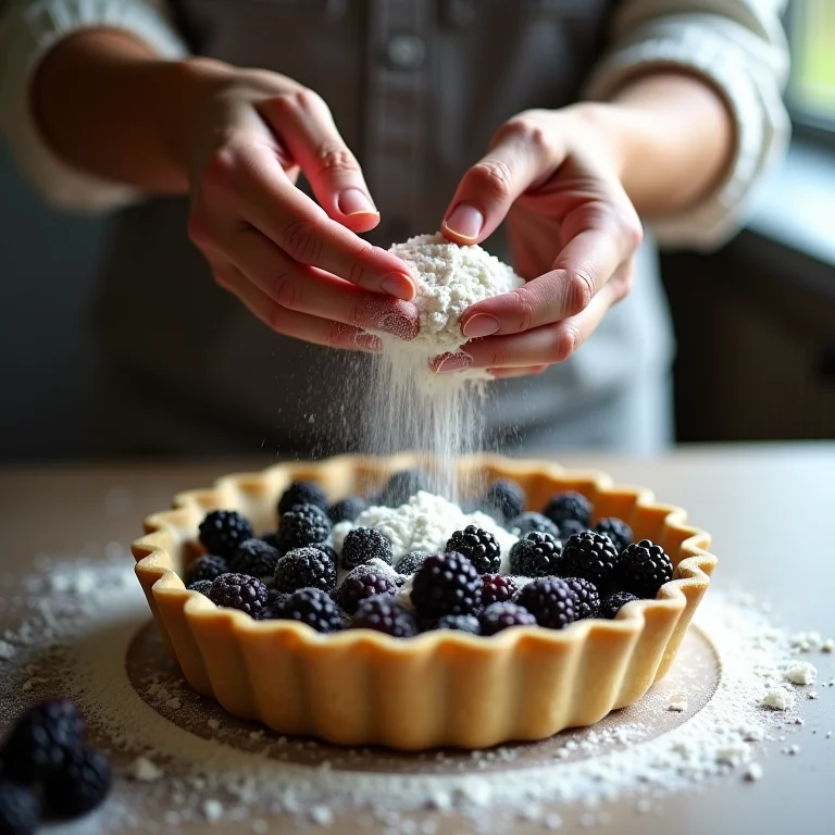 Mãos preparando torta de amora passo a passo.