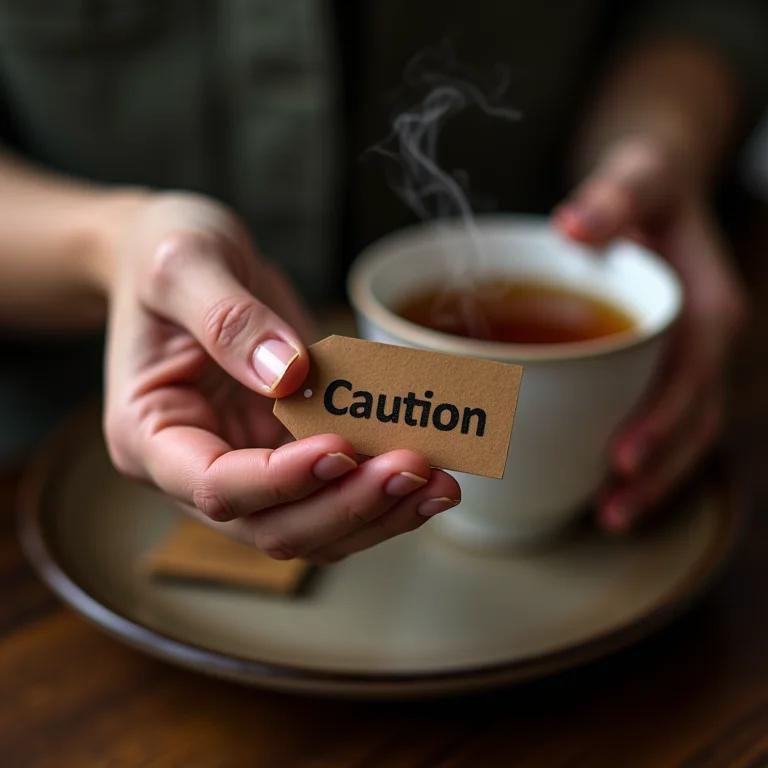 Mãos segurando etiqueta de 'Cuidado' com xícara de chá ao fundo.