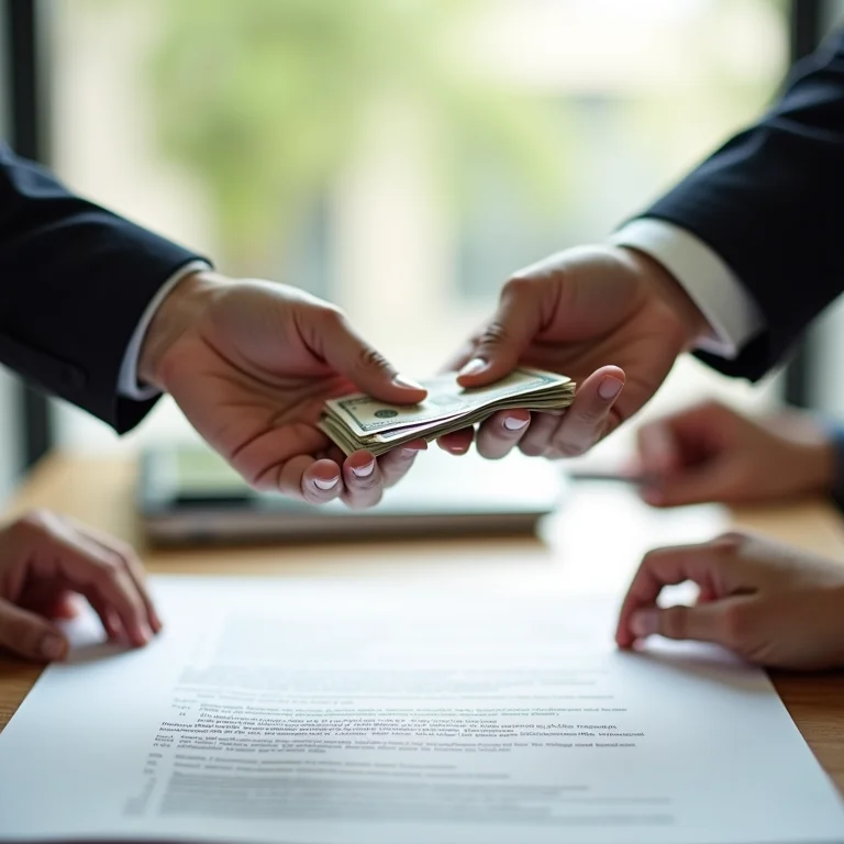 Mãos trocando dinheiro, simbolizando financiamento.