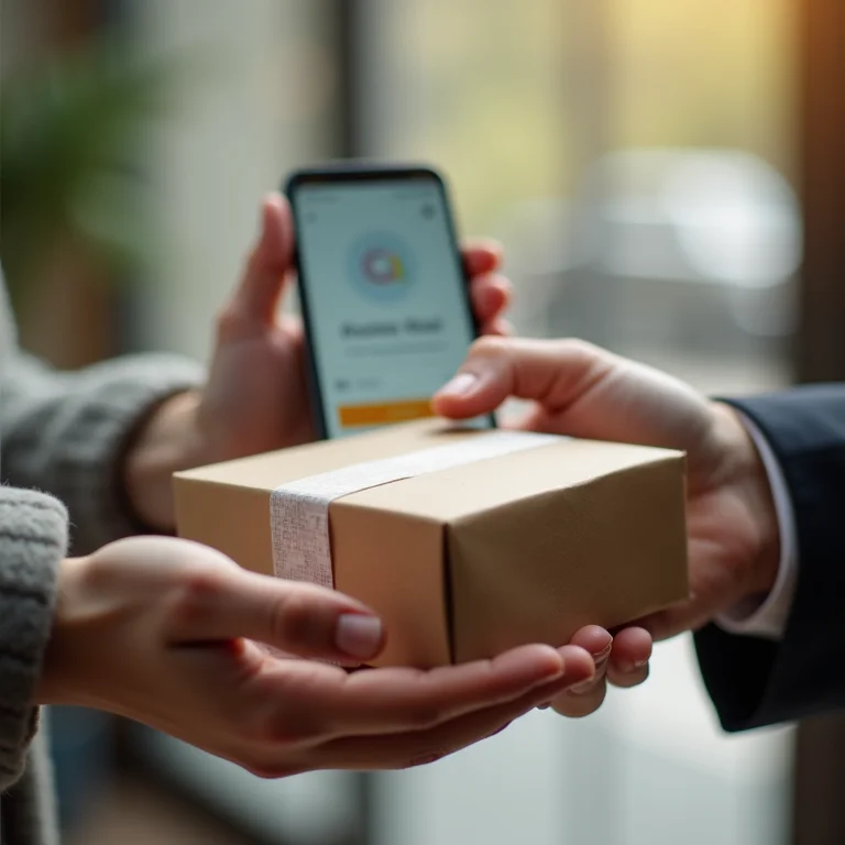 Mãos trocando pacote com confirmação de pagamento no celular.