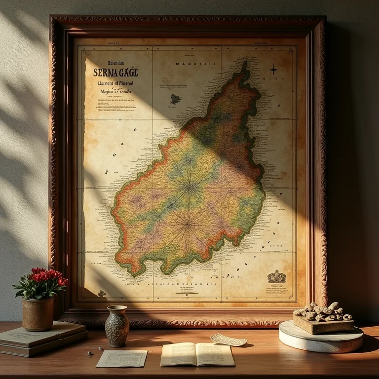 Mapa antigo da Serra Gaúcha com artefatos históricos