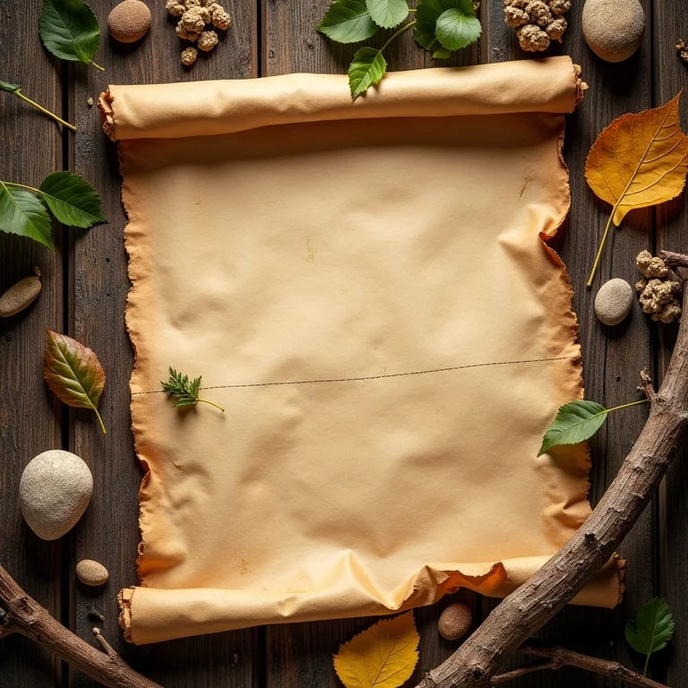 Mapa do tesouro em papel envelhecido com elementos da natureza.