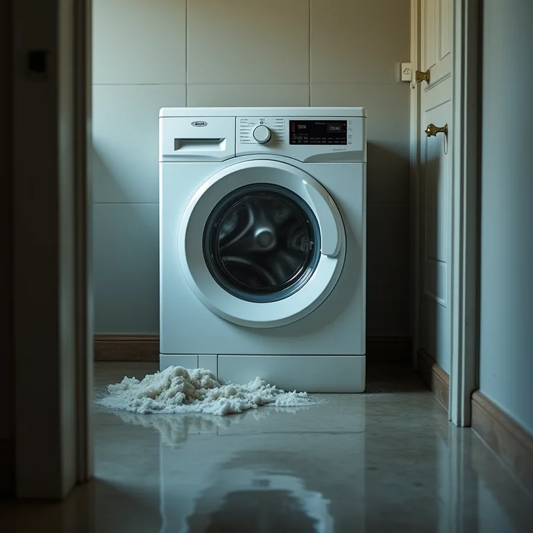 Máquina de lavar danificada inundando o chão
