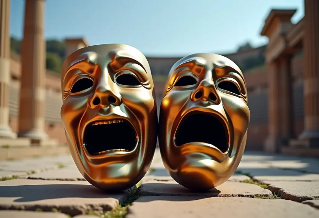 Máscaras teatrais gregas representando tragédia e comédia