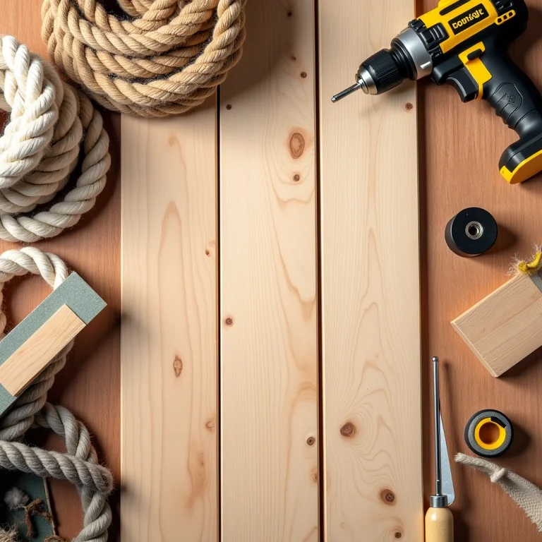 Materiais e ferramentas para criar uma prateleira de corda e madeira DIY