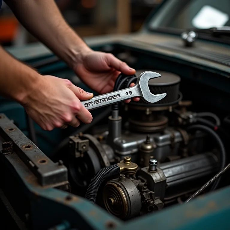 Mecânico examinando o motor de um carro antigo.