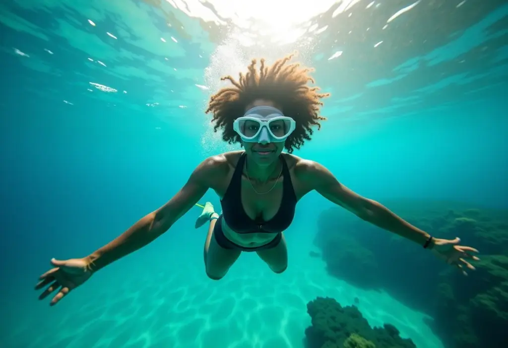 Mergulhadora emergindo da água cristalina após curso de mergulho autônomo PADI