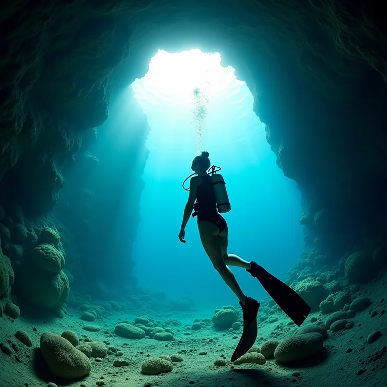 Mergulhadora explorando caverna subaquática com vida marinha exuberante