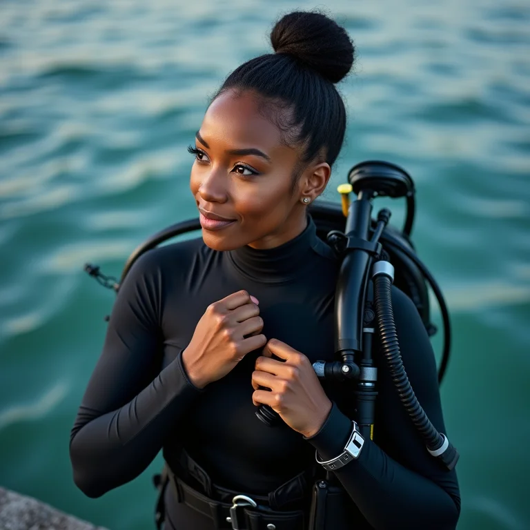Mergulhadora negra verificando seu equipamento com confiança