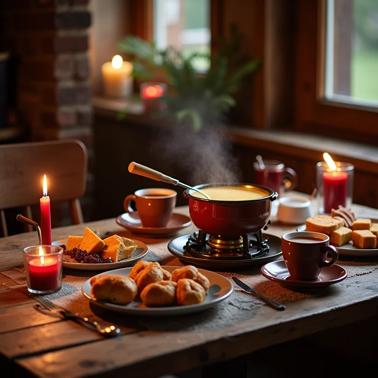 Mesa com fondue, chocolate quente e vinho quente em Campos do Jordão