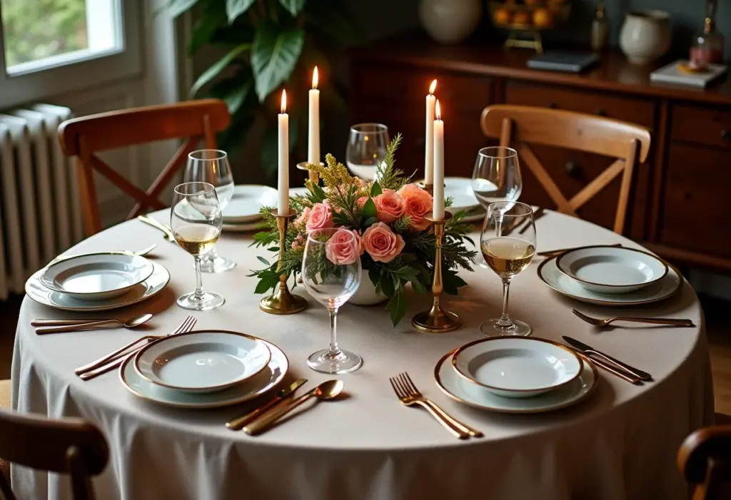 Mesa de jantar impecavelmente organizada com louças elegantes e arranjo floral.