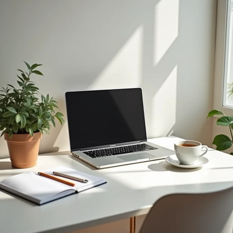 Mesa de trabalho minimalista com laptop fechado e chá, simbolizando o fim do expediente.