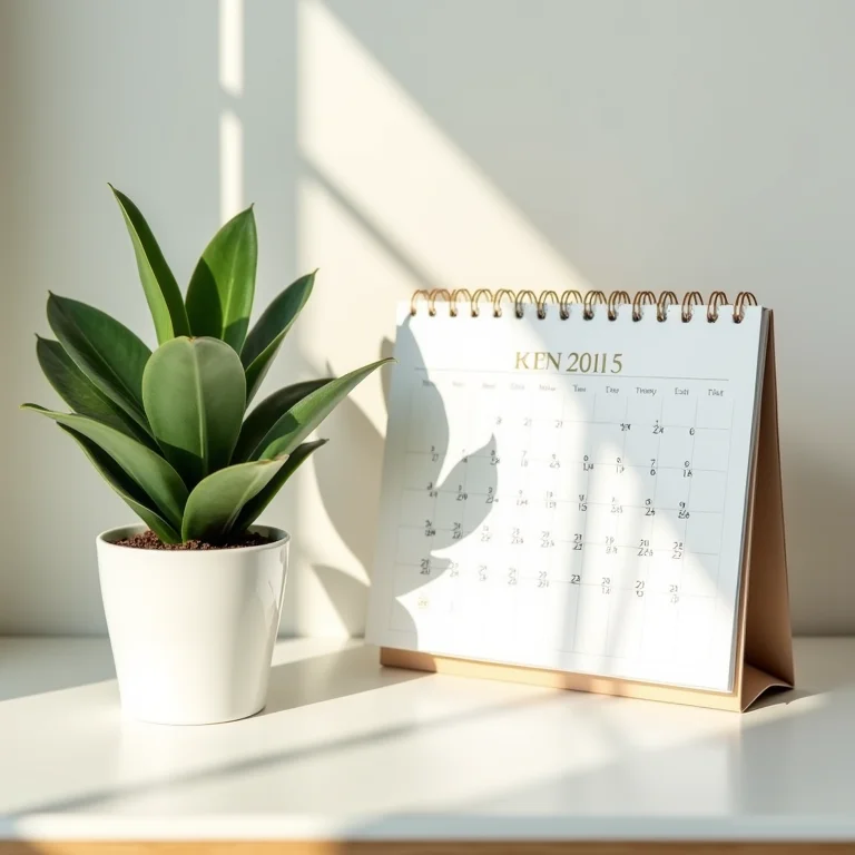 Mesa limpa com planta e calendário marcando datas importantes, representando um MEI sem empregados focado em suas obrigações.