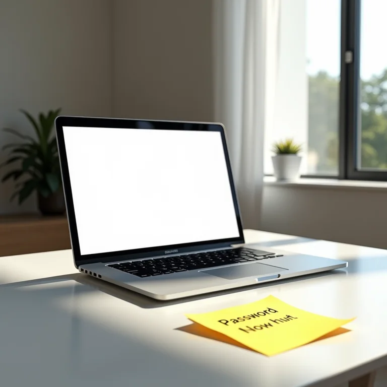 Mesa minimalista com laptop exibindo documento do Microsoft Word e um lembrete de senha.