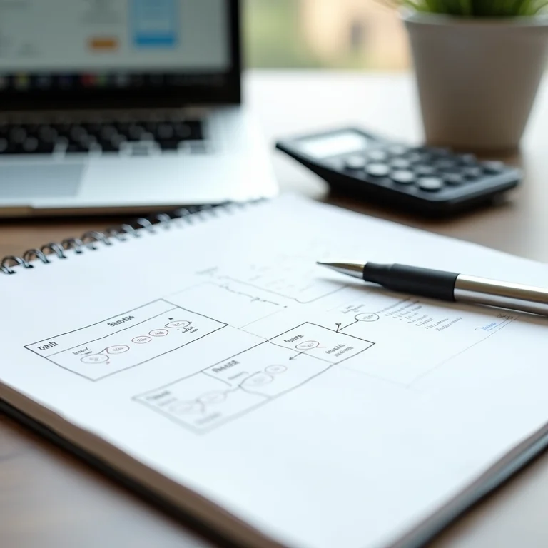Mesa minimalista com notebook, caneta, calculadora e laptop mostrando interface simplificada do eSocial.