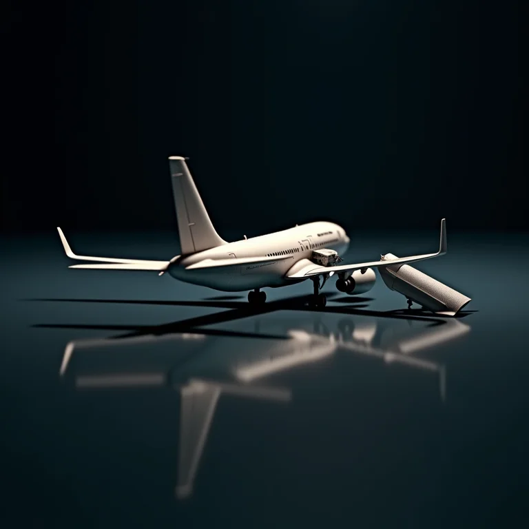 Miniatura de avião quebrado refletida em uma superfície escura.