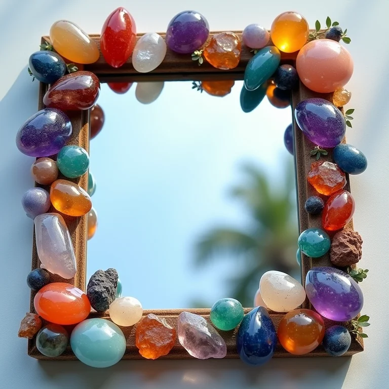 Moldura de espelho feita com pedras e cristais