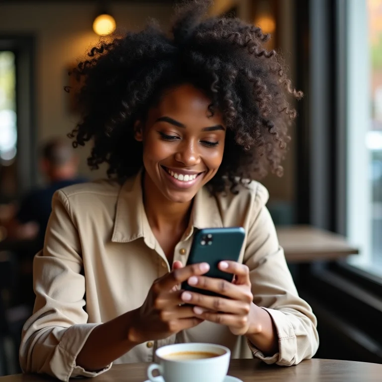 Mulher acessando o eSocial pelo celular em uma cafeteria.