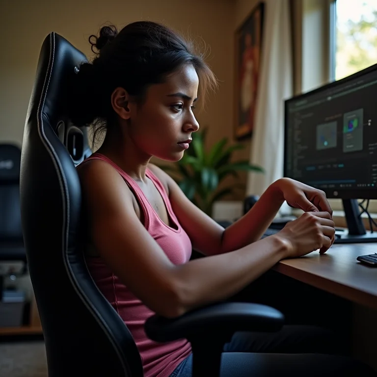 Mulher ajustando os recursos ergonômicos de uma cadeira gamer