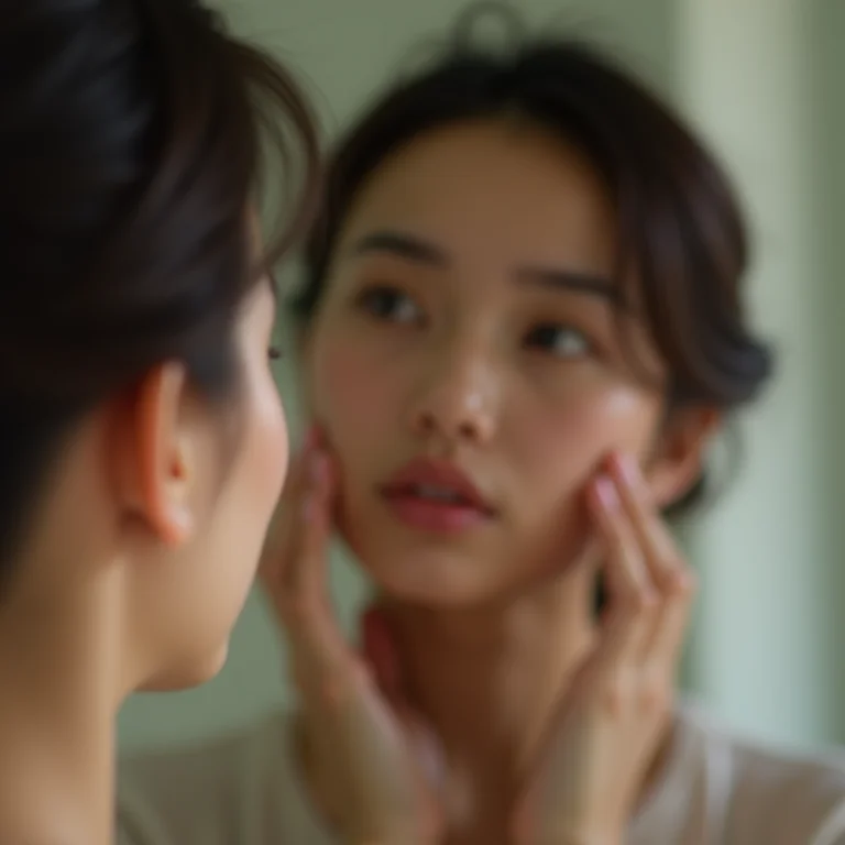 Mulher analisando os traços do próprio rosto em frente ao espelho