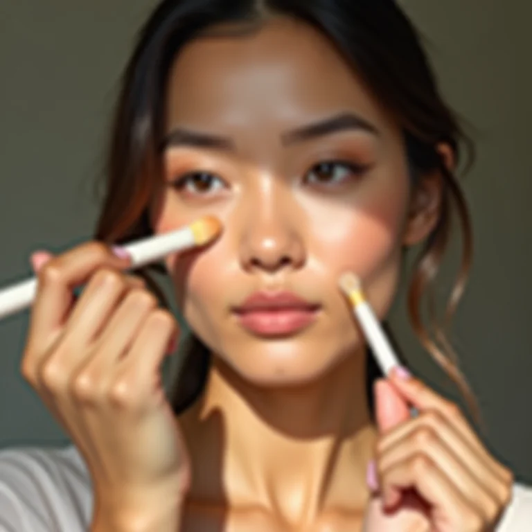 Mulher aplicando contorno no rosto redondo com um pincel